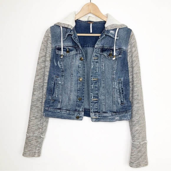 Free People Throwback denim knit, hooded jacket - Picture 3 of 15